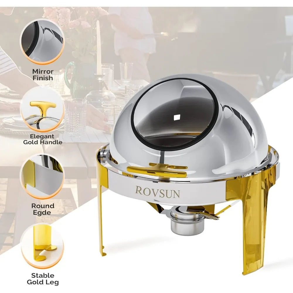 Chafing Dish Buffet Set Gold Accent,6 Quart Round Stainless Steel Chafer, Buffet Servers and Warmers