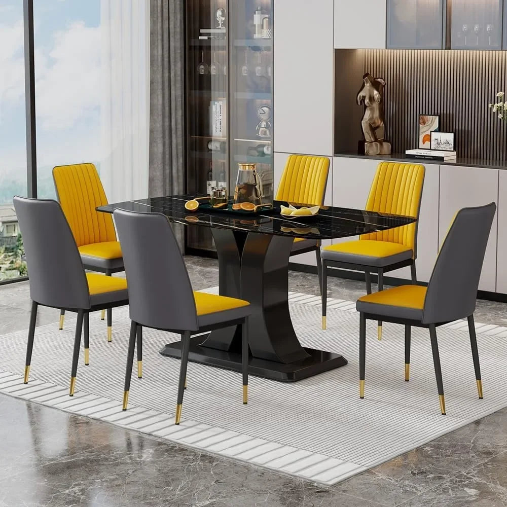 Dining Table Set, Marble Kitchen Tables Chair Set for 6, Tables with 6 Pu Leather Upholstered Chairs, Dining Table Set