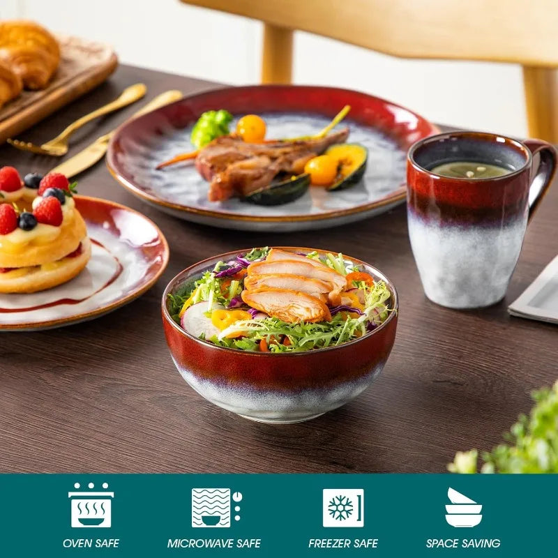 Red Dinnerware Set, Reactive Glaze Dinner Sets, Plates and Bowls Set for 4, 16 Pcs Ceramic Dish Set Stoneware