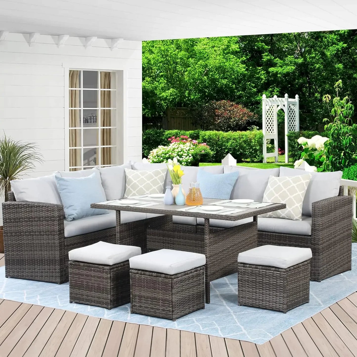 Terrace Furniture Set, 7-piece Outdoor Combination Sofa with Dining Table and Chairs, All-weather Willow Reception Set