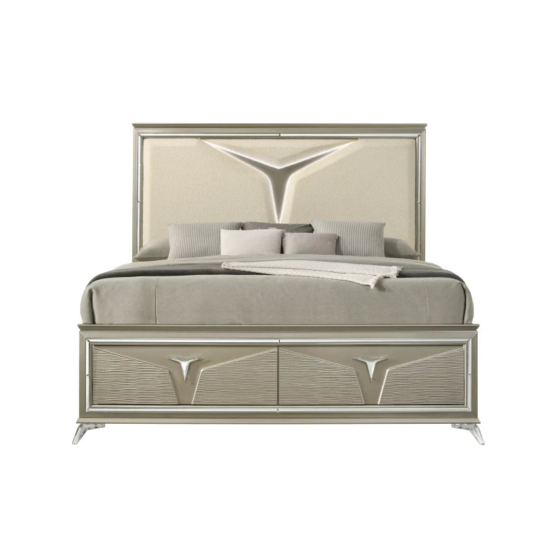 Modern Style Queen 5PC Bedroom Set Made with Wood & LED Headboard ,For bedroom,Main Color: Silver