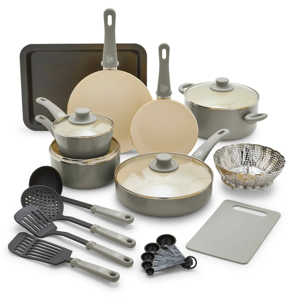 Non-Stick Ceramic Cookware Set Dishwasher Safe Healthy Cooking Pots Pans Utensils with Glass Lids