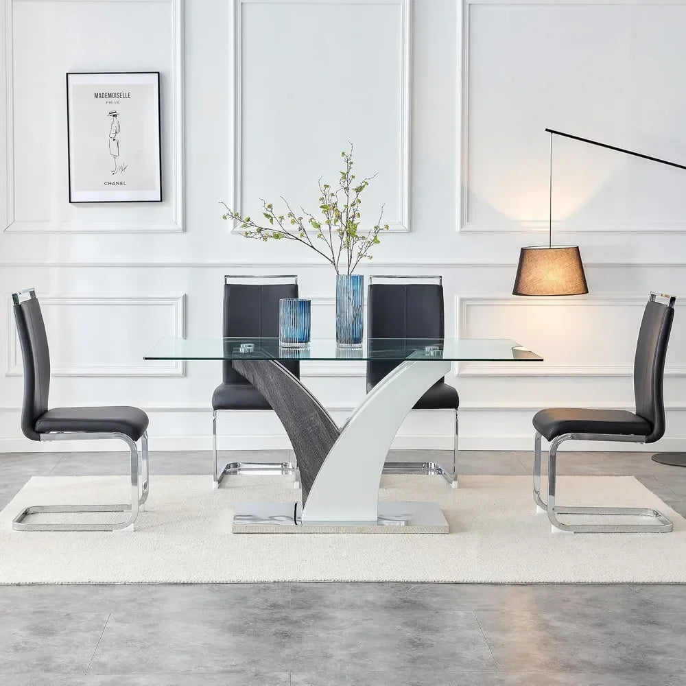 Dining Table and Chairs, 63 Inch, Modern Dining Table with 4 Leather Chairs,