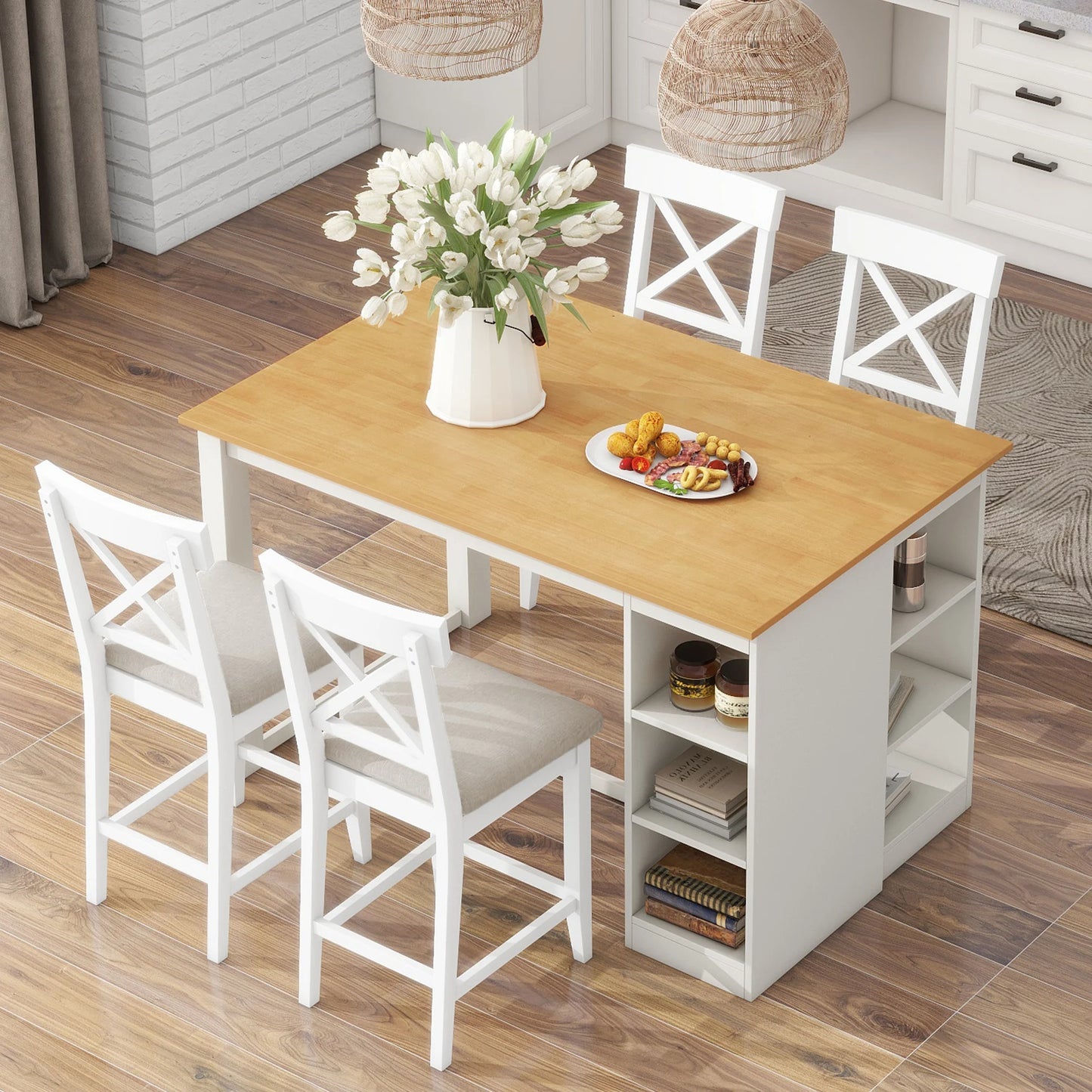 Wood Farmhouse Counter Height Dining Table Set with 3-Tier Storage Shelves,