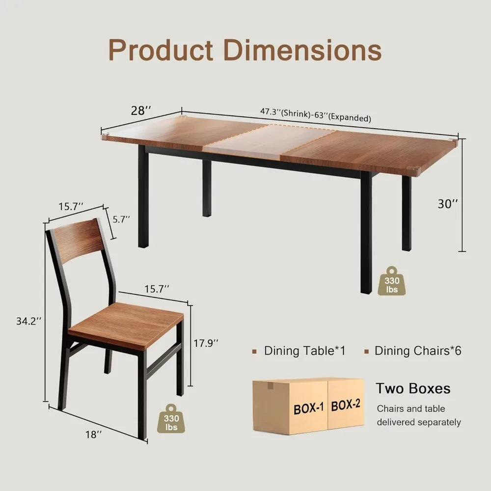 7-Piece Dining Room Table Set with 6 Chairs, 63" Extendable Dining Table & Chairs Set for 4-6, MDF Board & Metal Frame, Dinette