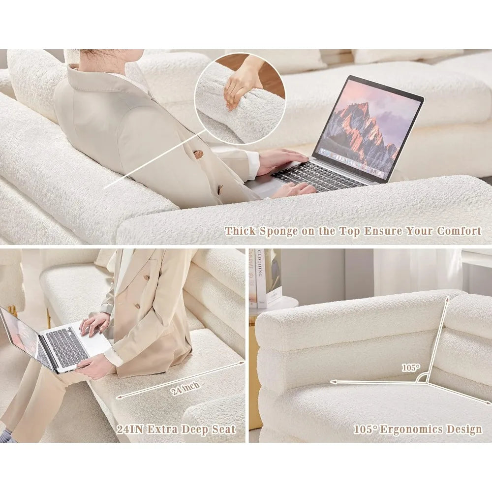 Large 85 inch, 3-seater living room comfortable sofa - white deep seat, strong load-bearing GM