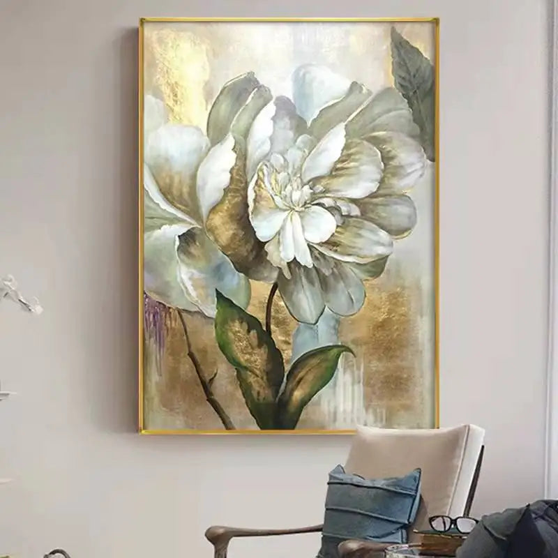 Abstract White Golden Flower Oil Canvas Painting Nordic Posters and Prints Wall Art Pictures for Living Room Home Decor No Frame