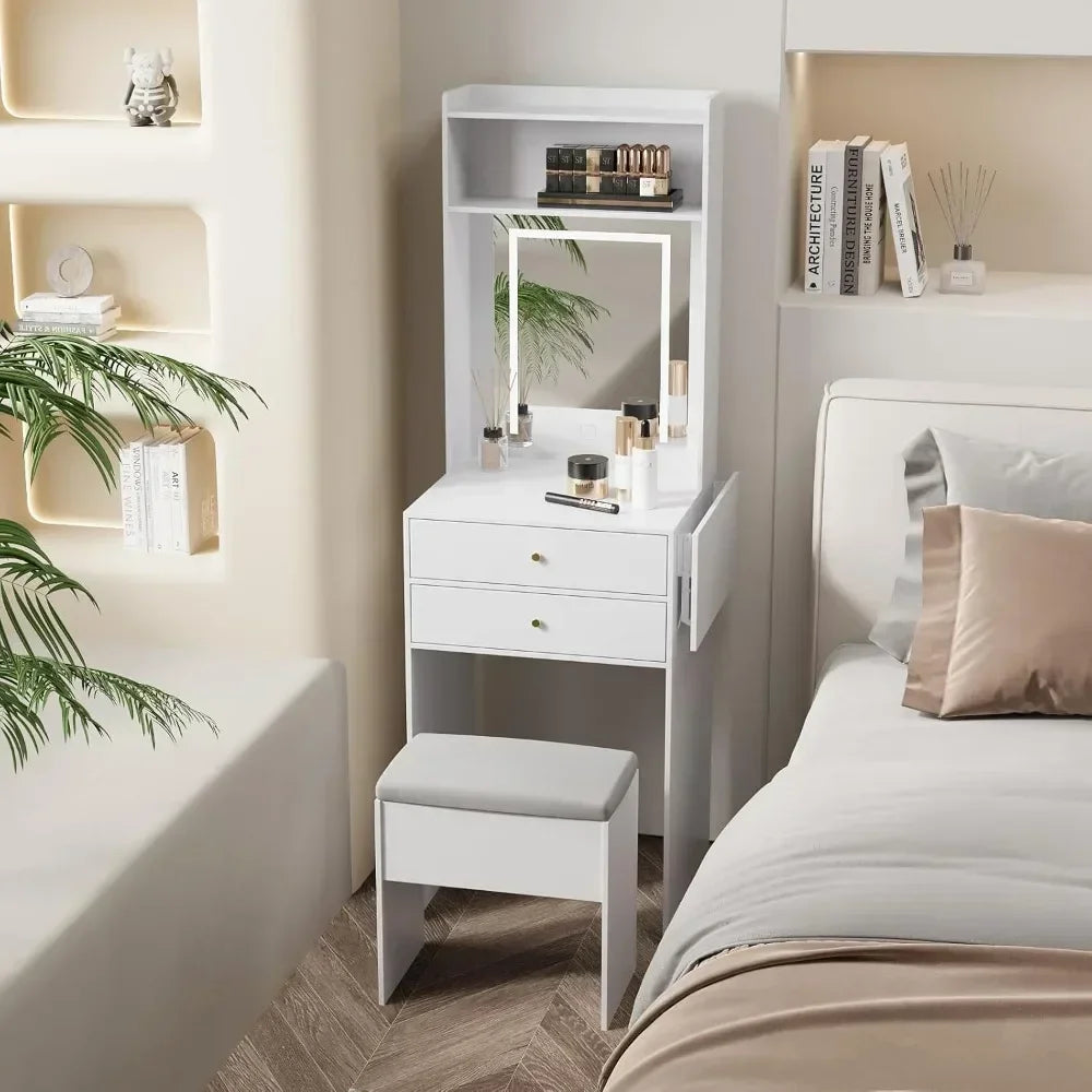 Vanity Desk Set with Adjustable Lighted Mirror and Storage Chair, Makeup Vanity Table for Small Space