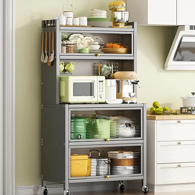 " Metal Kitchen Storage Cabinets with 10 Hooks Microwave Stand with Storagee