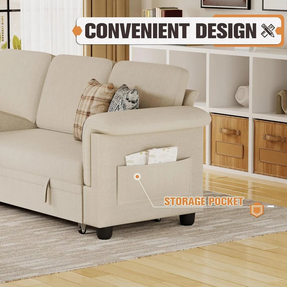 Sleeper Sofa L-Shaped Pull Out Sofa Bed with Storage Space Convertible Sectional Couches for Living Room/Bedroom/Office/