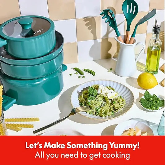 Cookware Set, Ceramic Nonstick Coating, Includes Silicone and Wood Utensils, Dishwasher