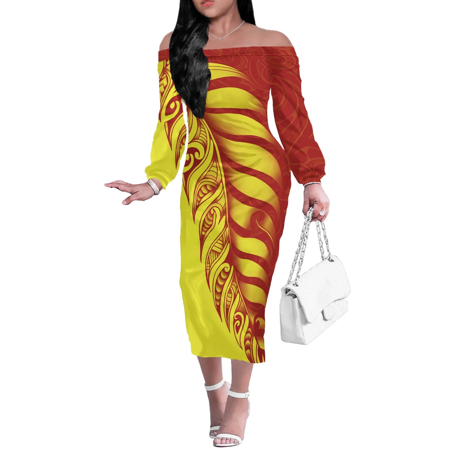 Factory Price Personality Red-black Party Off Shoulder Dress Custom Polynesian Tribal Tattoo Pattern Large Size 4XL Sexy Dress