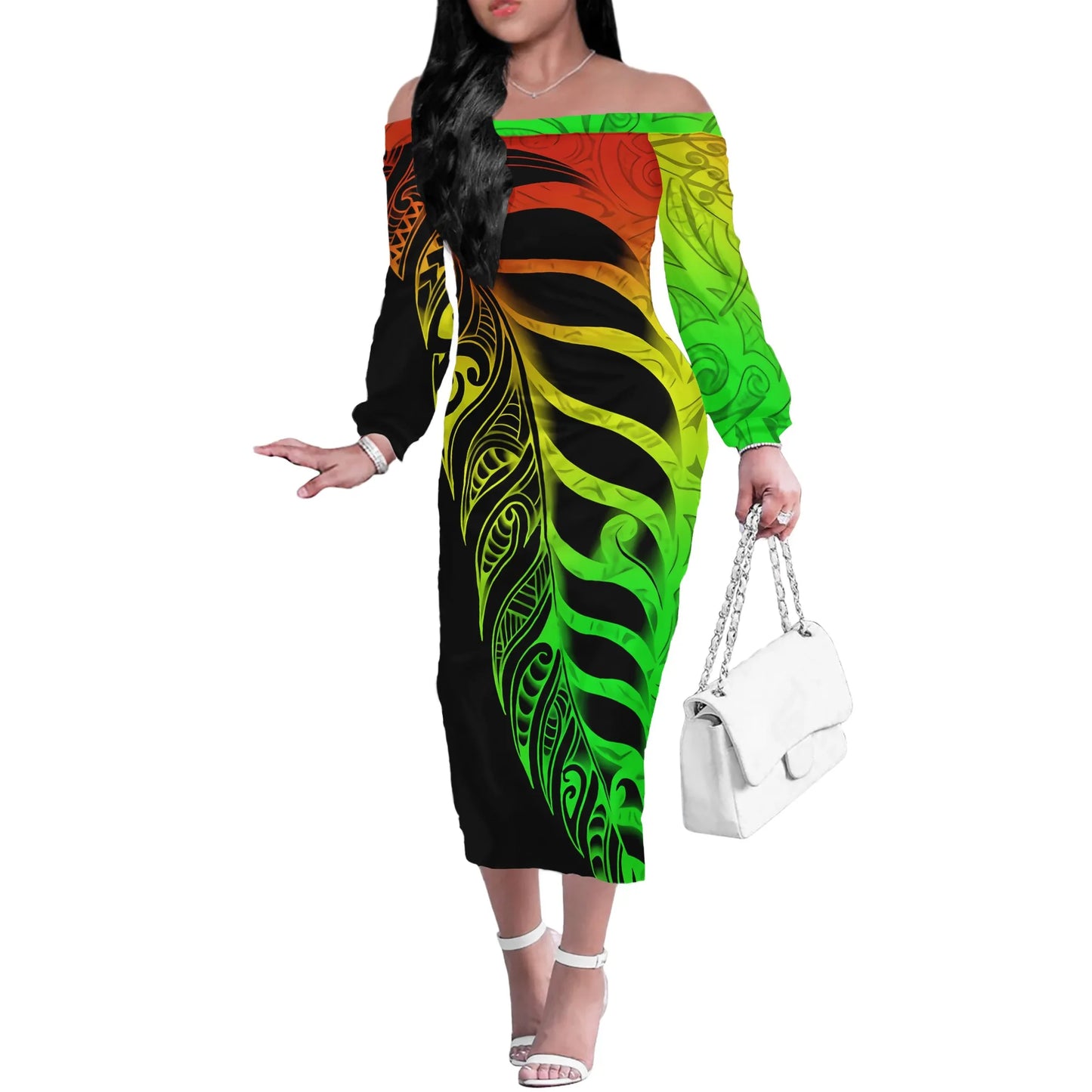 Factory Price Personality Red-black Party Off Shoulder Dress Custom Polynesian Tribal Tattoo Pattern Large Size 4XL Sexy Dress