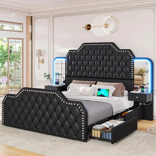 Tall Platform Bed Frame With 4 Storage Drawers Built in Charging Station & LED Bedroom Black