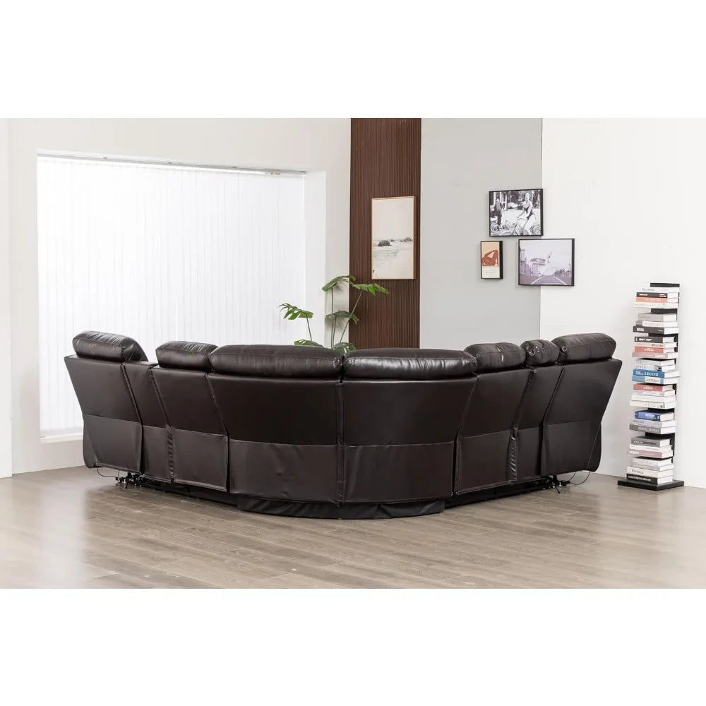 Recliner Sectional Sofa Set for Living Room with Speaker, LED and USB Port, Modern L Shape Brown Leather Living Room Sofa Set