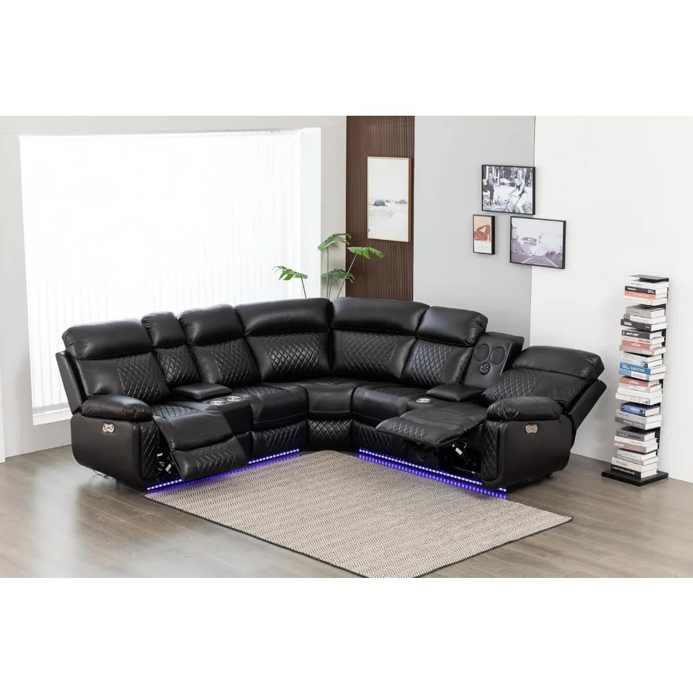 Recliner Sectional Sofa Set for Living Room with Speaker, LED and USB Port, Modern L Shape Brown Leather Living Room Sofa Set