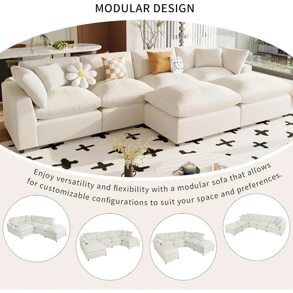 U Shaped Couch with Movable Ottoman, Large 6 Seater Corner Sofa for Living Room