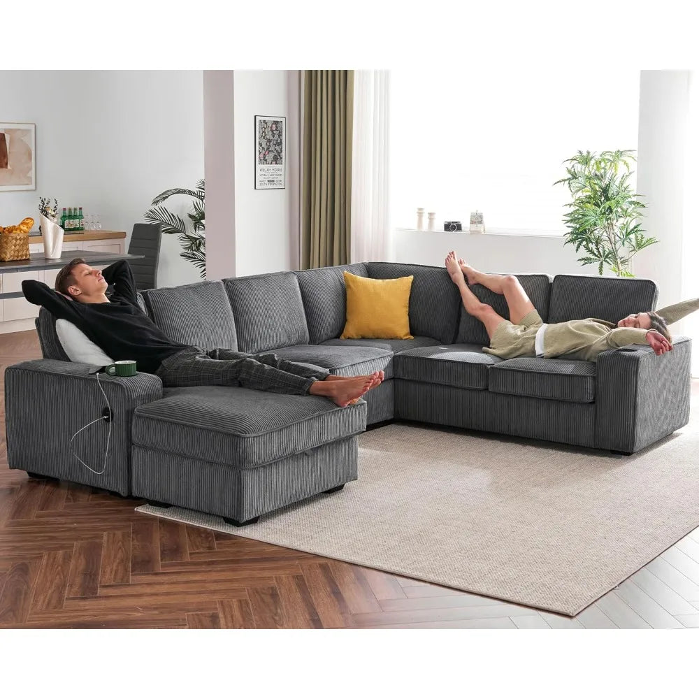 U Shaped Sofa with USB ports, Sectional Sofa Couch with Storage Chaise, Corduroy Grey