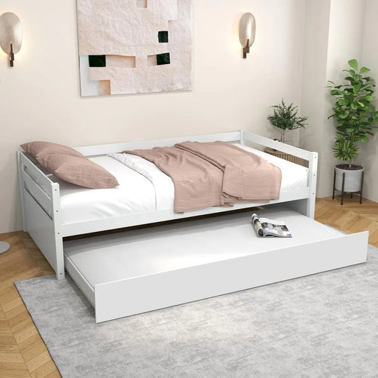 Twin Bed with Trundle, Wood Daybed Frame with Trundle, No Box Spring Needed Sofa Bed Frame, Twin Size Bed