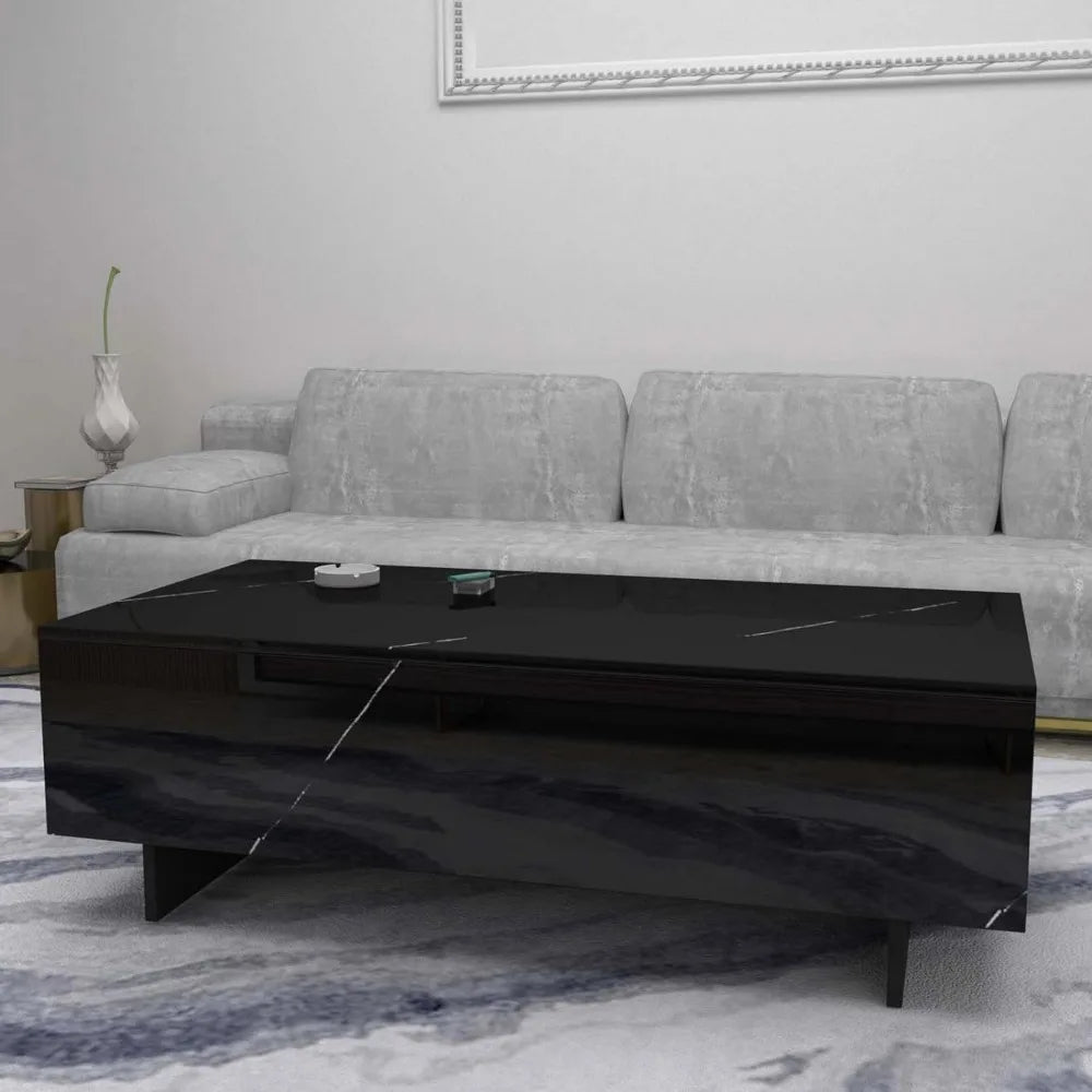 Coffee Tables Marble Rectangle for Living Room, Black Side Table, High Gloss Center