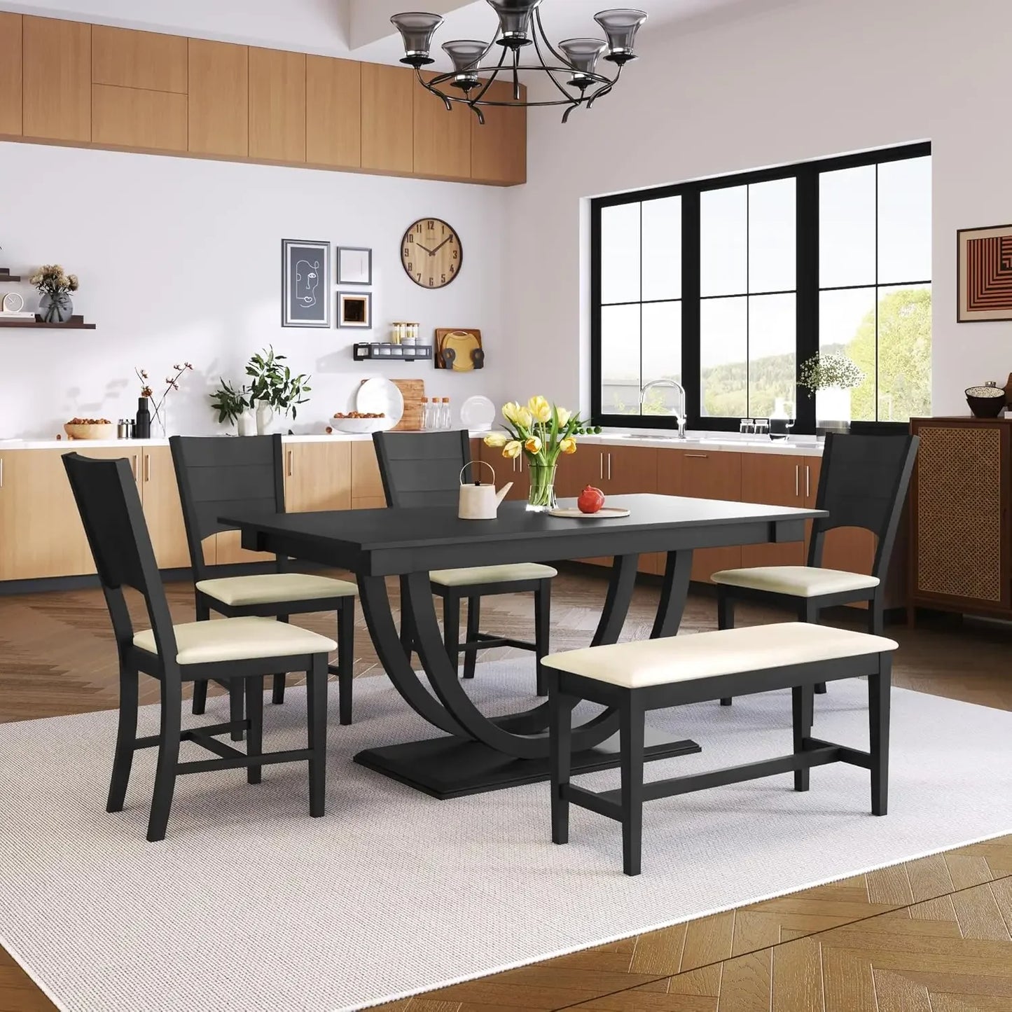 Dining Table Set, Half Round Table with Long Bench & 4 Upholstered Dining Chairs,