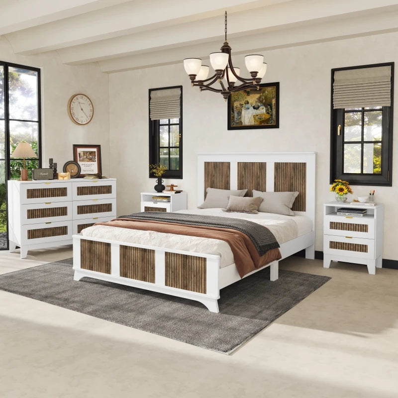 4-Pieces Bedroom Sets, Queen Size Farmhouse Platform Bed