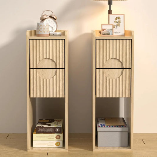 Small Fluted Nightstand Set of 2, Wood 2 Drawer , Slim Side Table, Natural Wood Night Stand with