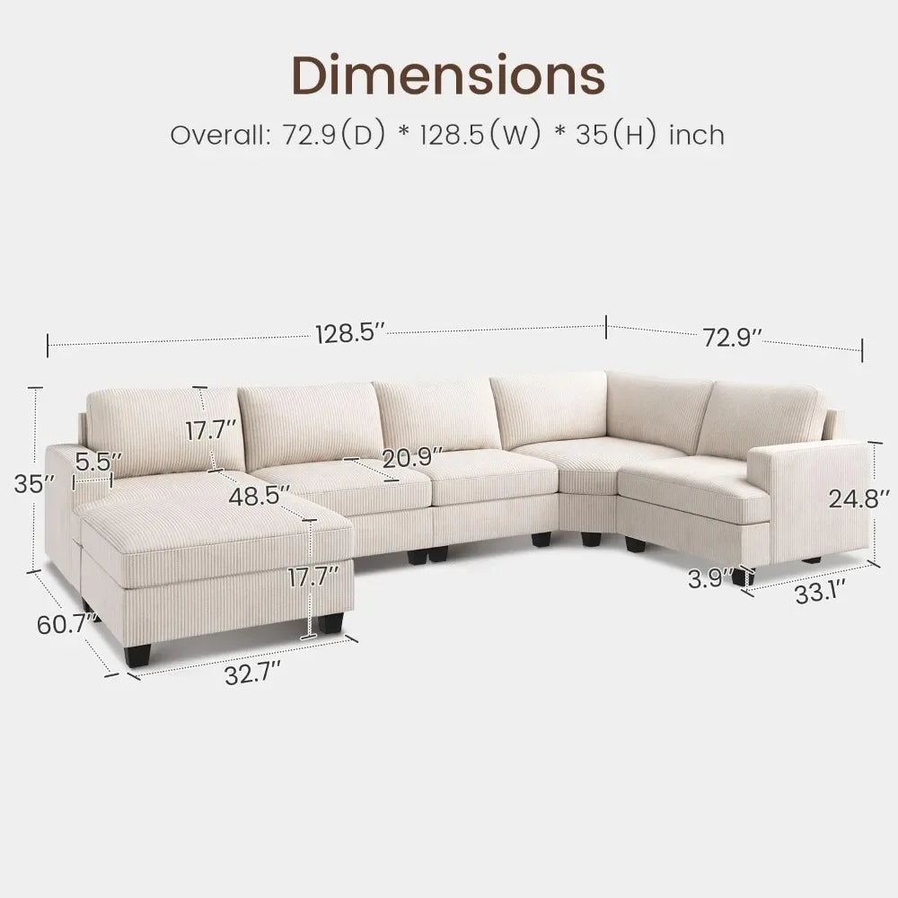 Sectional Sofa with Storage Ottoman, U Shape Sectional Couch Corduroy Modular Sectional Couches for Living Room,