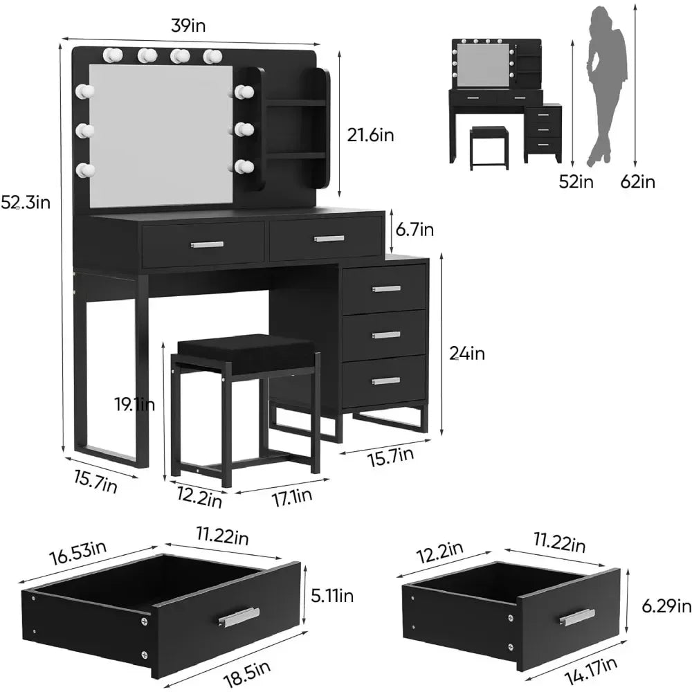 Dresser, with Mirror and 10 LED Lights, with 2 Drawers and Chairs, with 3 Mirrors and Stools, with Gold Metal Frame Vanity Desk