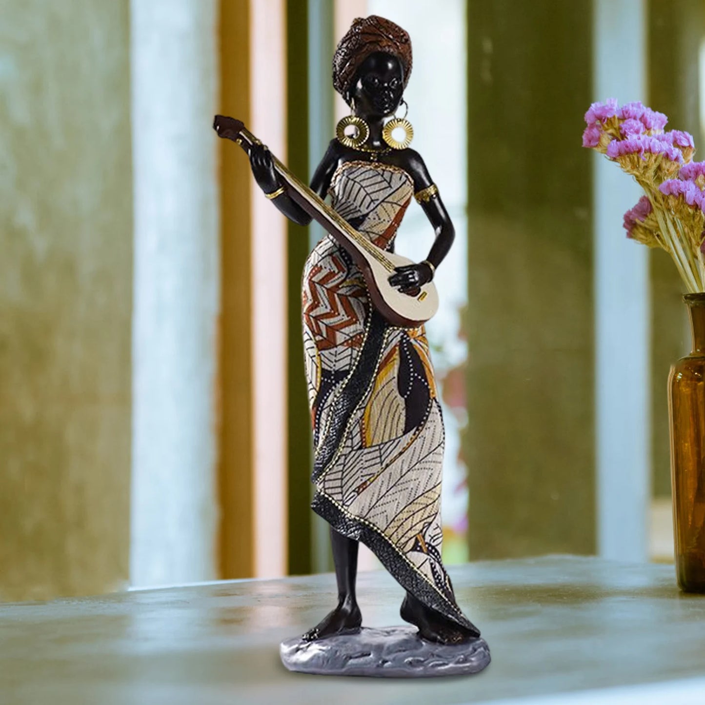 Resin African Tribal Female Figurines Art Black People Musical Instrument Statue Handicrafts Creative Home Decor For Interior