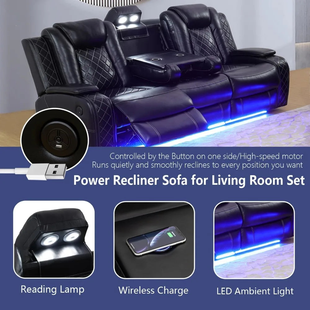 recliner Power Leather Reclining Sofa Set for Living Room Furniture, Black Vegan Leathe