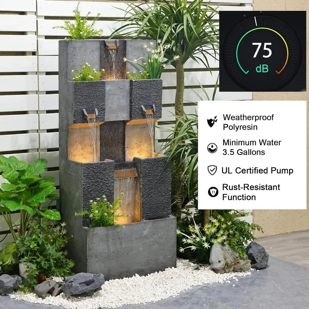 Garden Fountain Outdoor Garden, Terrace, 3 Floor Modern Cascade Outdoor Waterfall Fountain with Lights