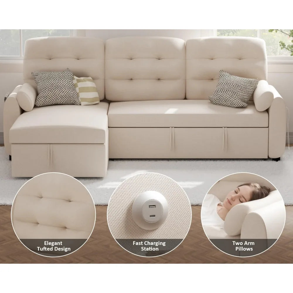 Sectional Sofa Couch, Sleeper Sofa Bed with Reversible Storage Chaise Pull Out Couch for Living Room  Side Pocket