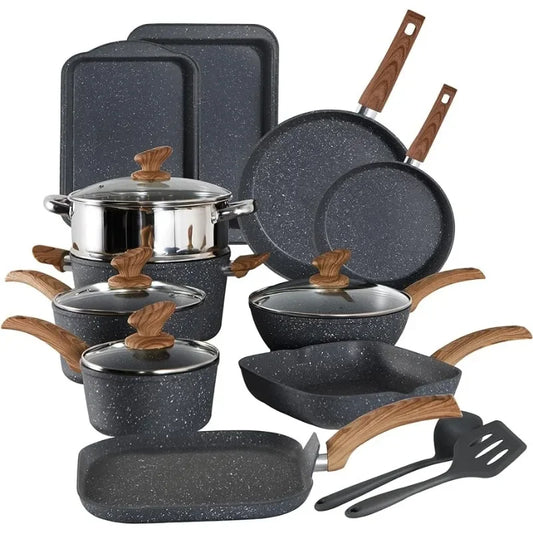 Kitchen Academy Induction Cookware Set-17 Piece Non-stick Cooking Pan Set, Black Granite Pots and Pans Set