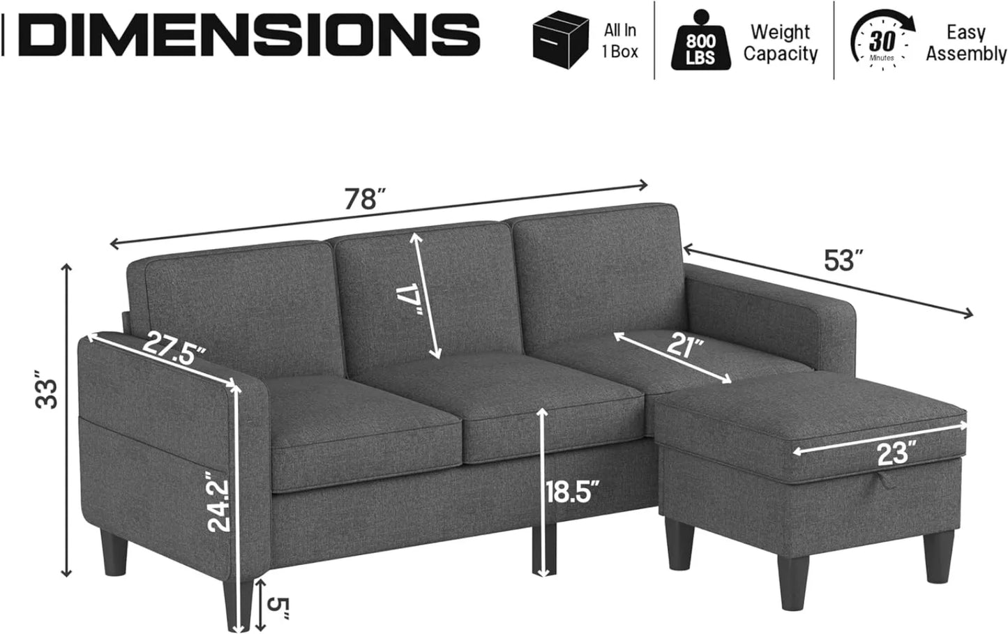 Sofa Couch Modern Beige Linen Fabric Upholstered 3-Seat L-Shaped Sofa Couch