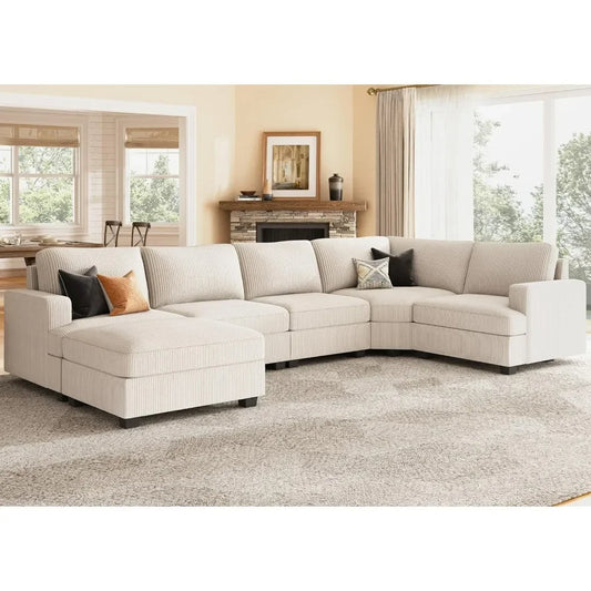 Sectional Sofa with Storage Ottoman, U Shape Sectional Couch Corduroy Modular Sectional Couches for Living Room,