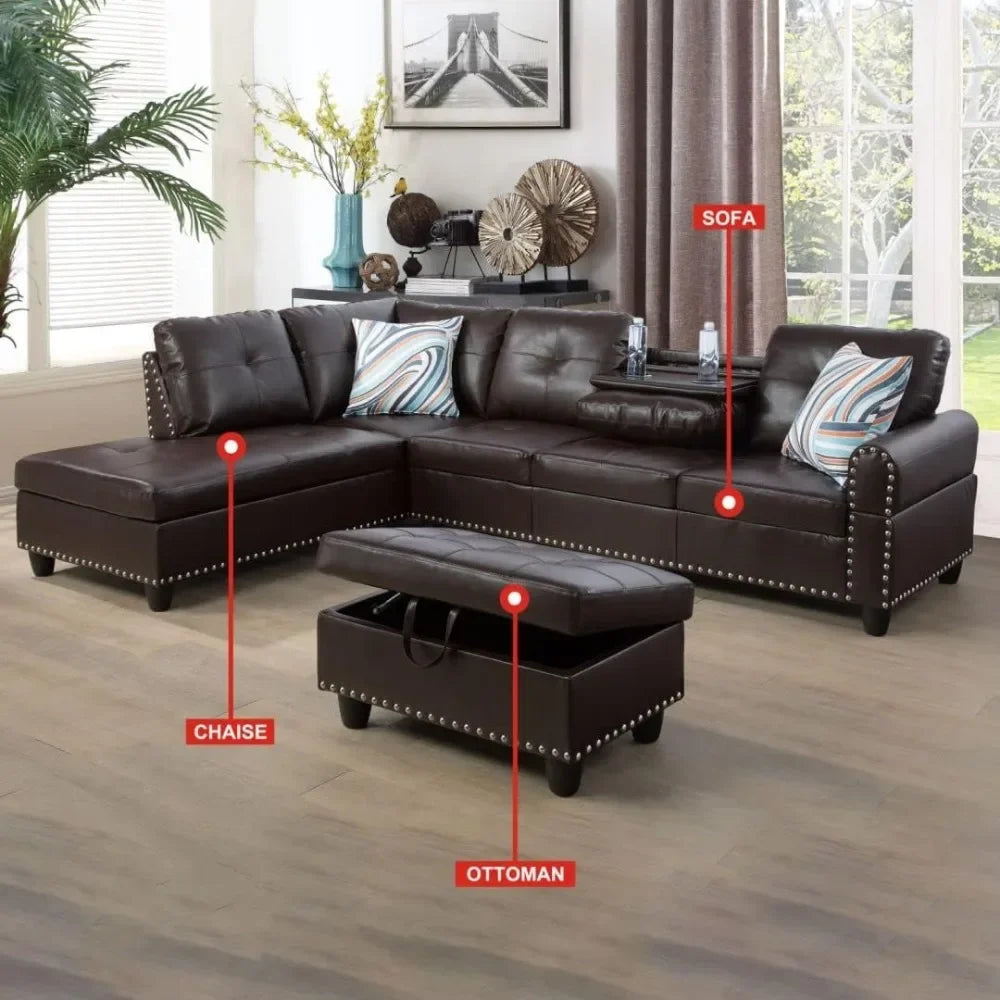 Sofas with Storage Ottoman and Cup Holders, Wide Convertible Upholstered Couch, L Shaped Sofas