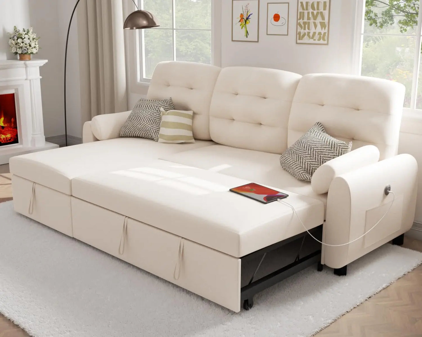Sectional Sofa Couch, Sleeper Sofa Bed with Reversible Storage Chaise Pull Out Couch for Living Room  Side Pocket