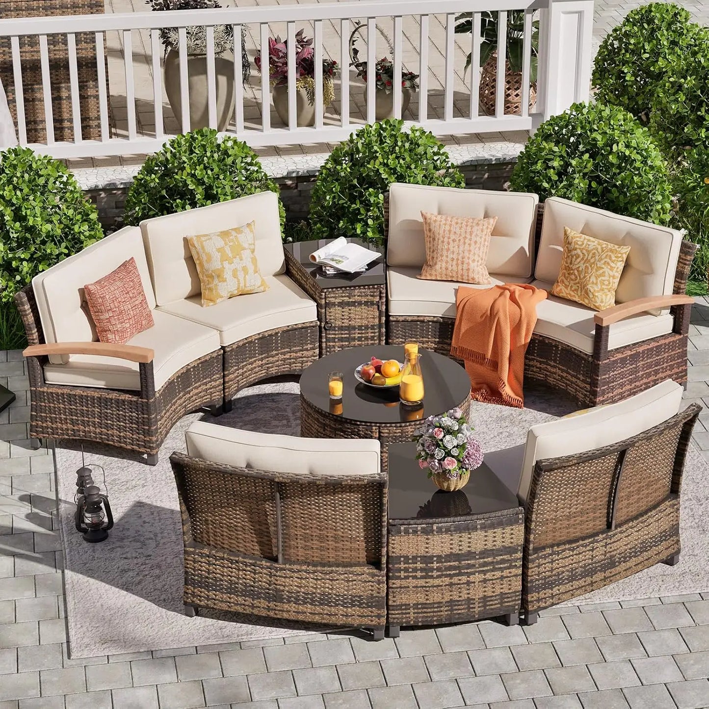 Outdoor Patio Furniture Set, Half-Moon Curved Sectional Sofa Rattan Conversation Set With Wood Armrests, Coffee