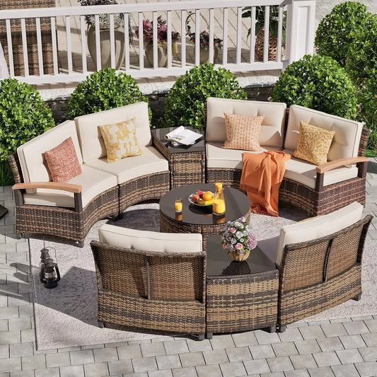 Outdoor Patio Furniture Set, Half-Moon Curved Sectional Sofa Rattan Conversation Set With Wood Armrests, Coffee