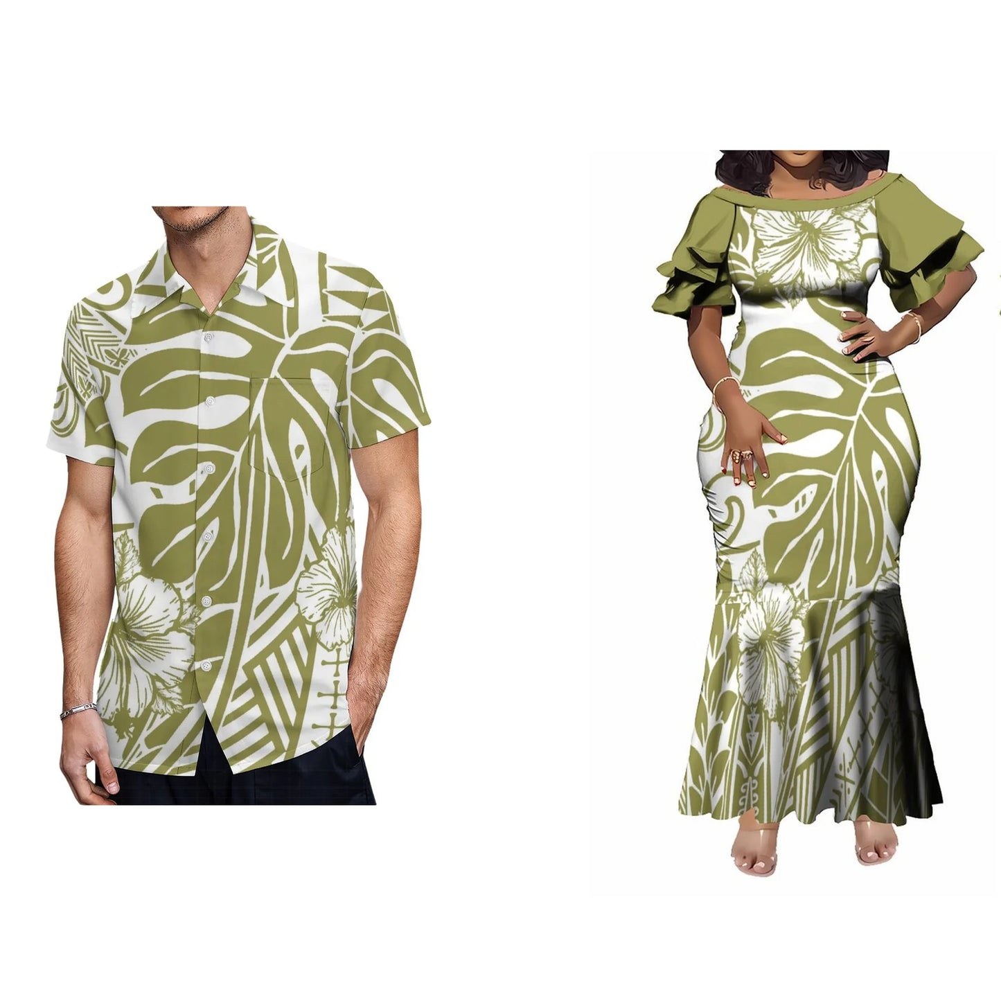 Wholesale Customized Double Layered Ruffle Sleeve Ladies Long Fishtail Mermaid Dress Polynesian Dress Plus Size Womens Clothing