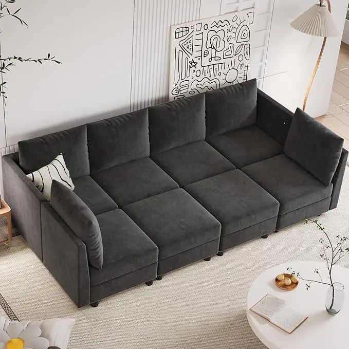 Sectional Sleeper Sofa, 8 Seats Modular Convertible Sofa Bed Couch with Storage Ottomans, with Charging Station