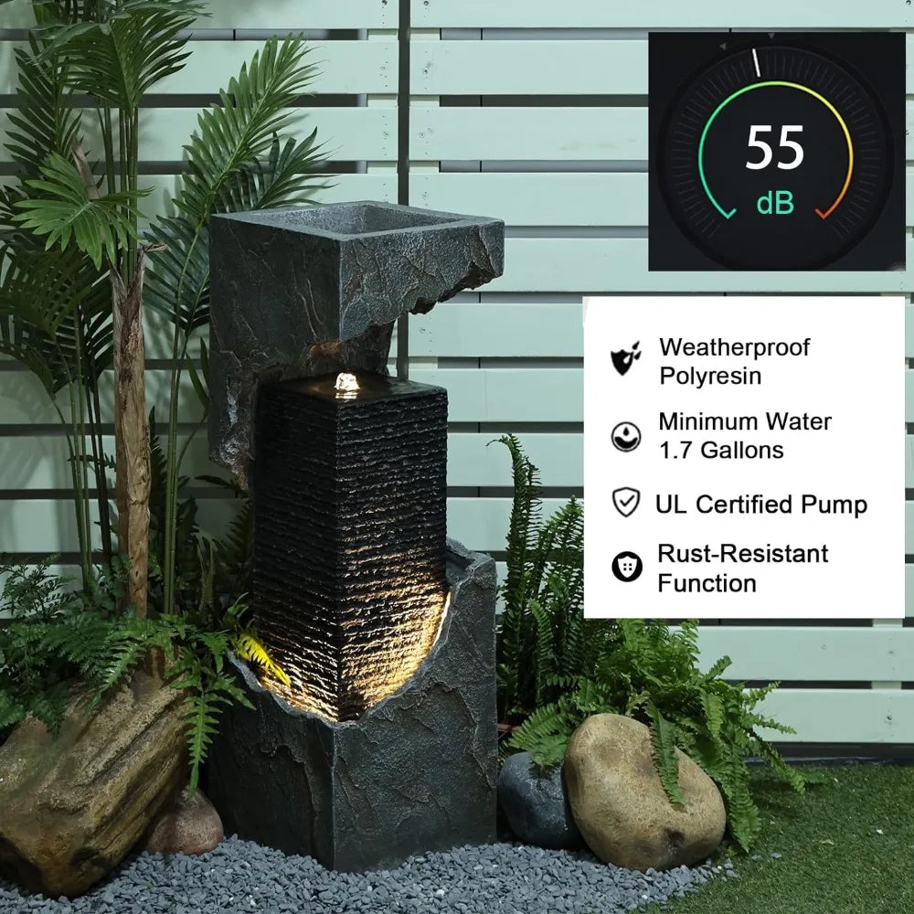 Modern Water Fountain Outdoor 35.4 inches Floor Standing Outdoor Fountain with LED Lights