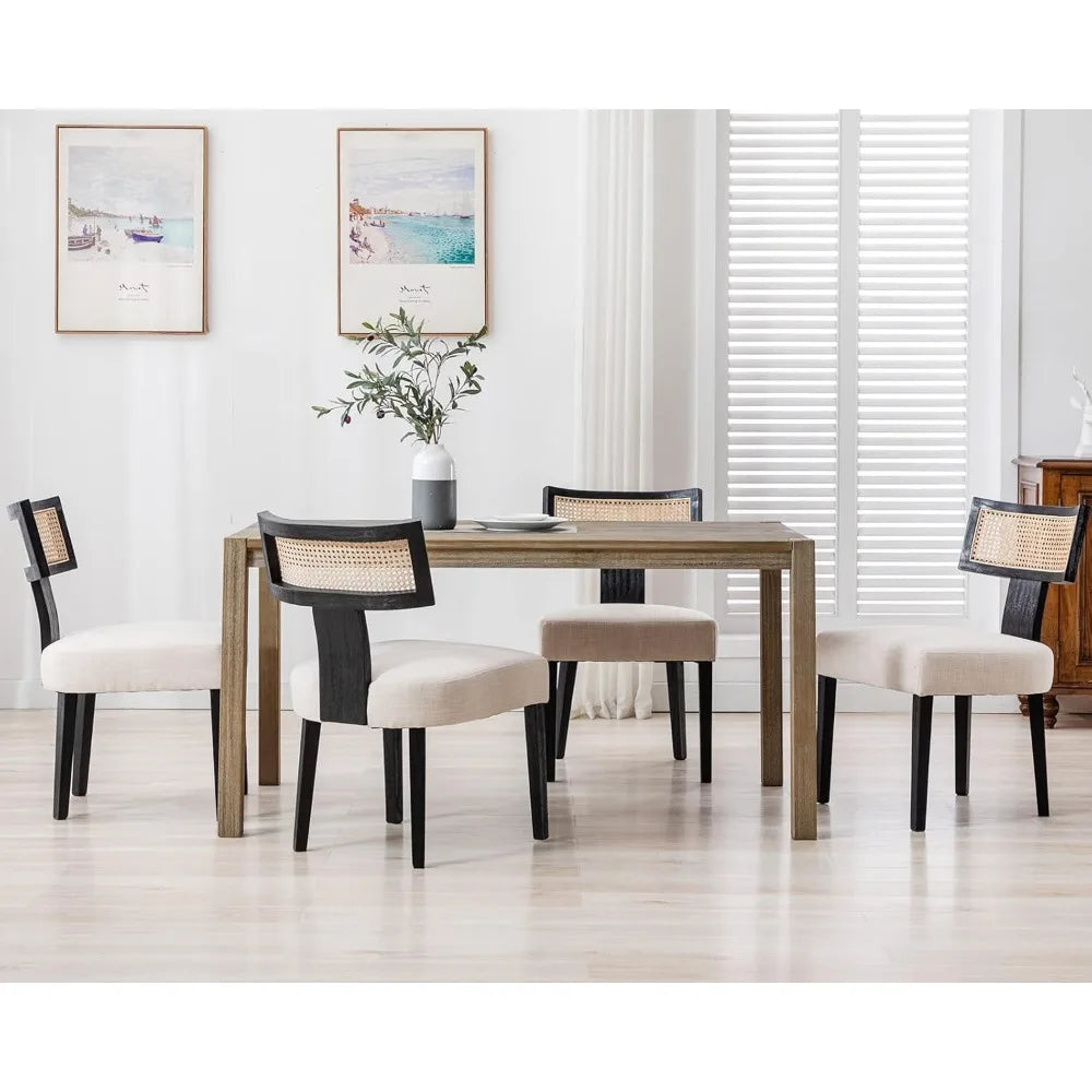 Mid Century Modern Rattan Dining Chairs Set of 4, Farmhouse Linen Upholstered Accent Chair Curved Backrest Kitchen Chairs, with