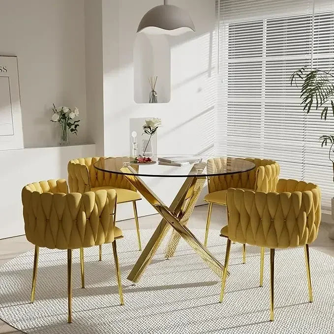 Dining Table Set for 4 with Grey Woven Dining Chair, 5 Pieces Minimalist Modern Round Glass Dinner Room Table Set