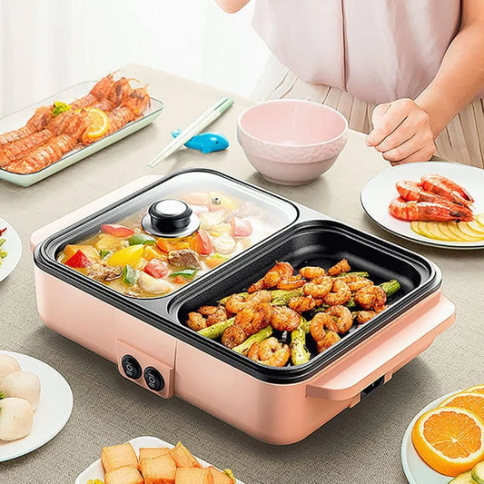 Electric Grill and Hot Pot, Smokeless Griddle, Portable Non-Stick Teppanyaki Pan, Ideal for Indoor/Outdoor Parties