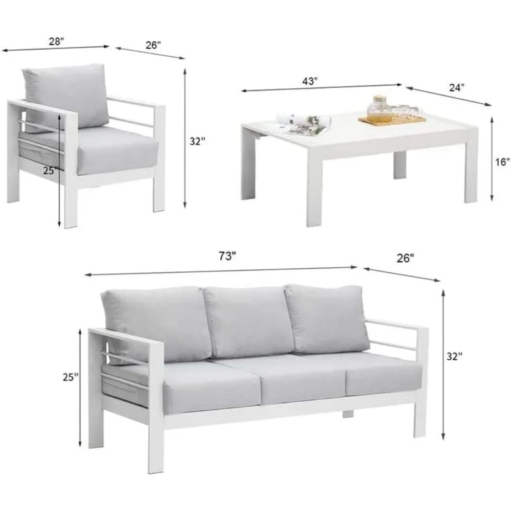 Seats Modern Outdoor Conversation Set Couch Sofa with Upgrade Cushion and Coffee Table, White
