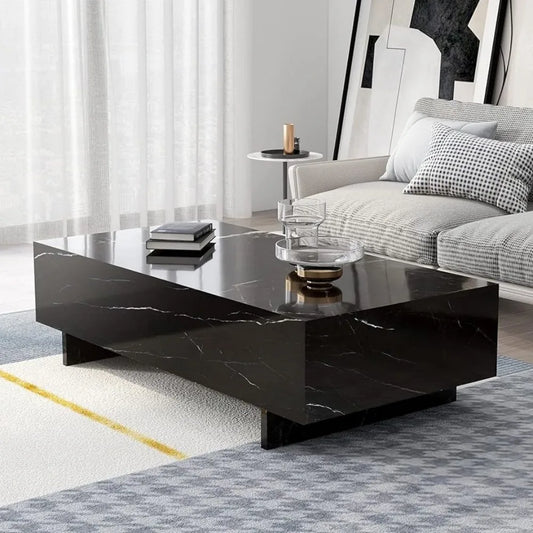 Coffee Tables Marble Rectangle for Living Room, Black Side Table, High Gloss Center