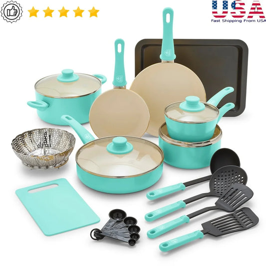 18-Piece Non-Stick Ceramic Cookware Set Toxin-Free Dishwasher Safe Healthy Durable Cookware Set with Glass Lids and Utensils