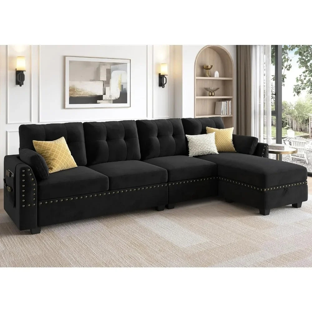 Convertible Sectional Sofa with 4 Seating, Storage Ottoman, Living Room Sofas